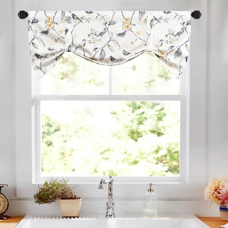 VOGOL Tie Up Valances for Kitchen Windows, Gray Birds and Floral Print Valance Curtains Rod Pocket Shades for Windows, 1 Panel, 52 x 18 - Image 3