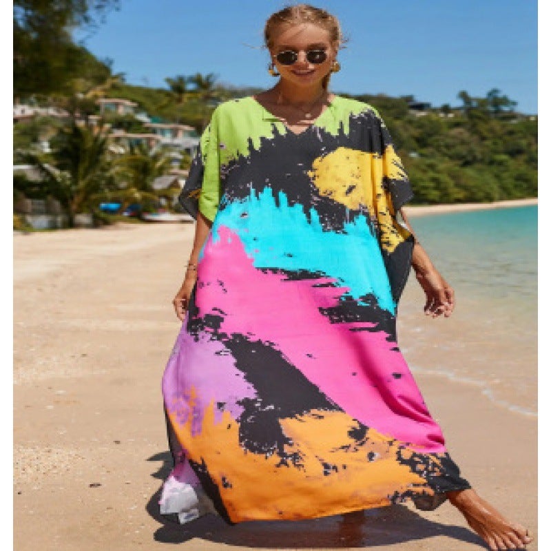 Cotton Print Spotted Loose Plus Size Holiday Gown Beach Dress Bikini Sunscreen - Image 1
