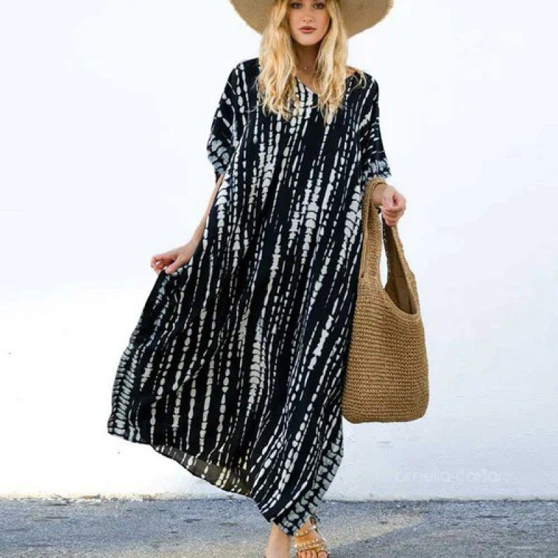 Cotton Print Spotted Loose Plus Size Holiday Gown Beach Dress Bikini Sunscreen - Image 2
