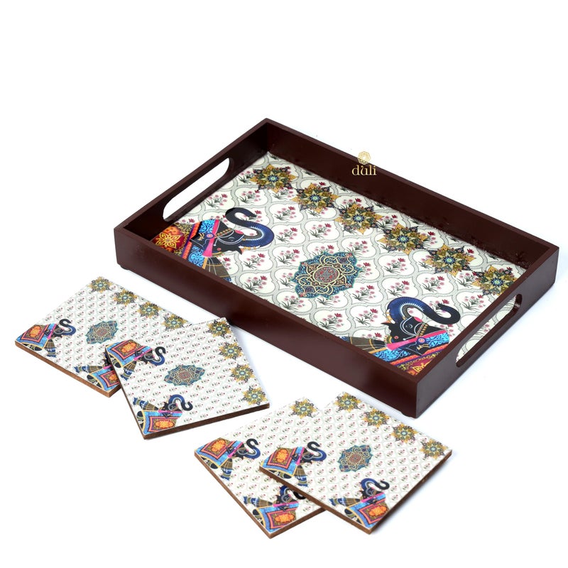 DULI Wooden Tray for Serving-Free 4 Coasters-14x10 Inches-Serving Tray-Tray Set for Decoration-Tea Trays-Big Tray-Premium MDF Tray Serving Resin Tray,Rectangular (14x10 2Elephants+4CoastersLoose)