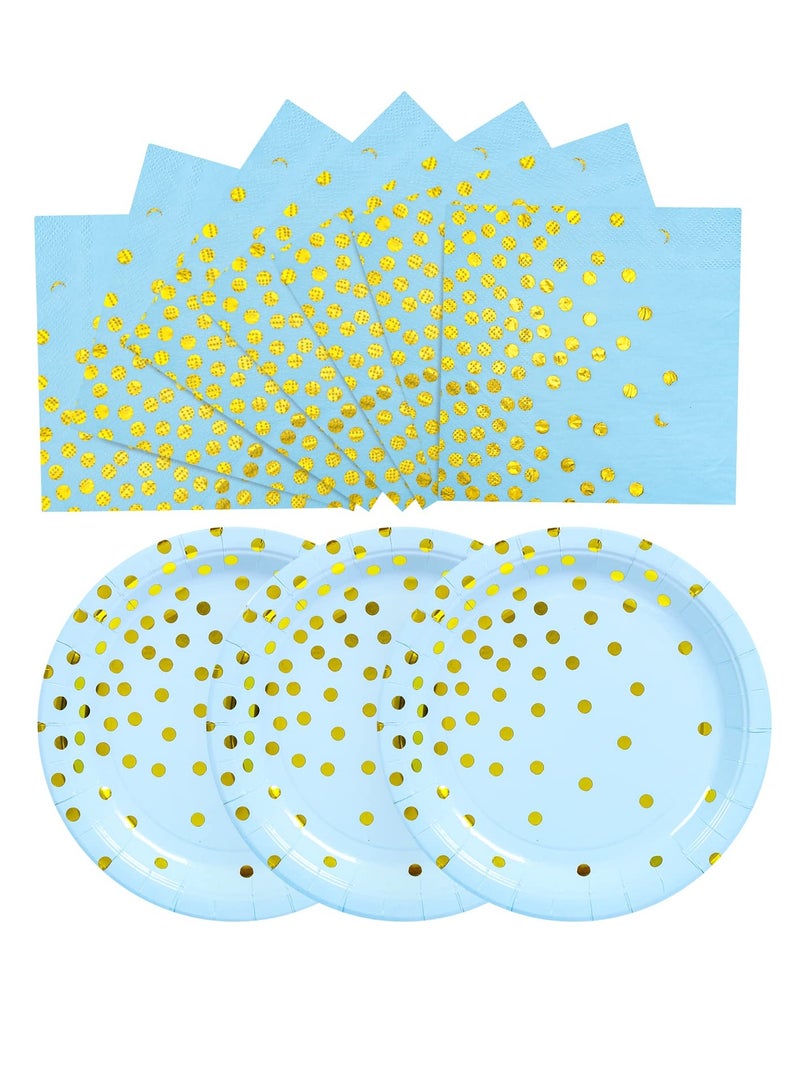 SYOSI Blue Gold Paper Plates and Napkins, 20 x 7'' Dessert plates & 20 x 6.5'' Napkins, Thickened Paper, Blue Paper Plates Party Supplies for Baby Showers, Birthday, Wedding, Anniversary (Serve 20) - Image 1