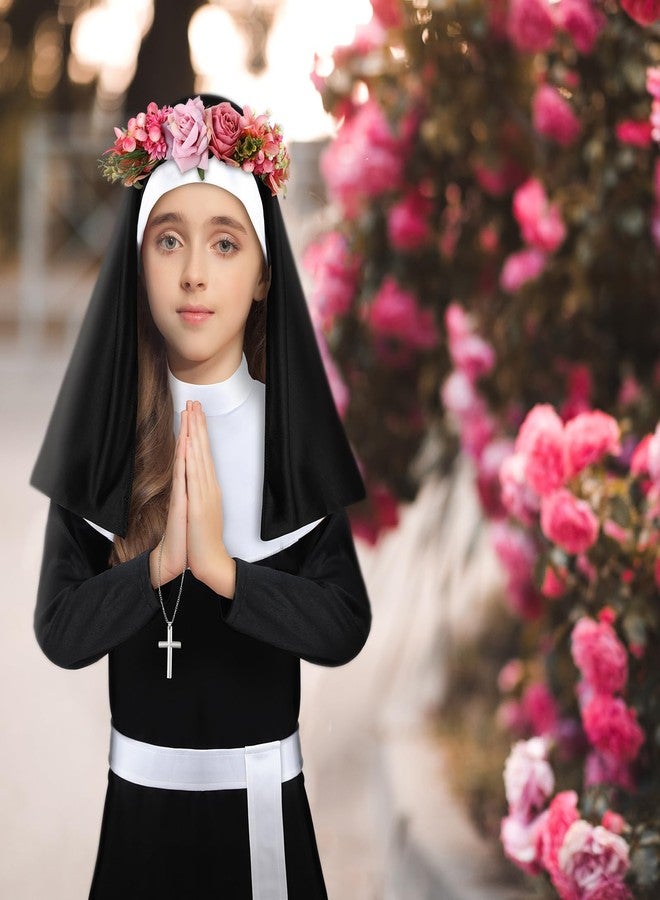 Maiteenly Halloween Nun Costume Set with Cross Necklace and Rose Wreath St Rose of Lima Halloween Nun Outfit for Girls(Medium) - Image 3