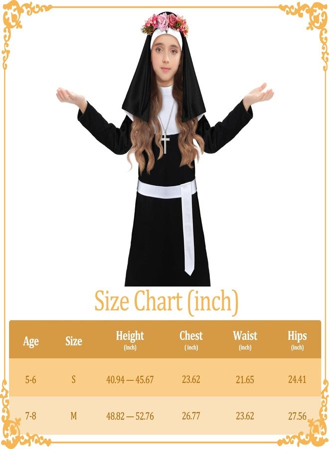 Maiteenly Halloween Nun Costume Set with Cross Necklace and Rose Wreath St Rose of Lima Halloween Nun Outfit for Girls(Medium) - Image 2