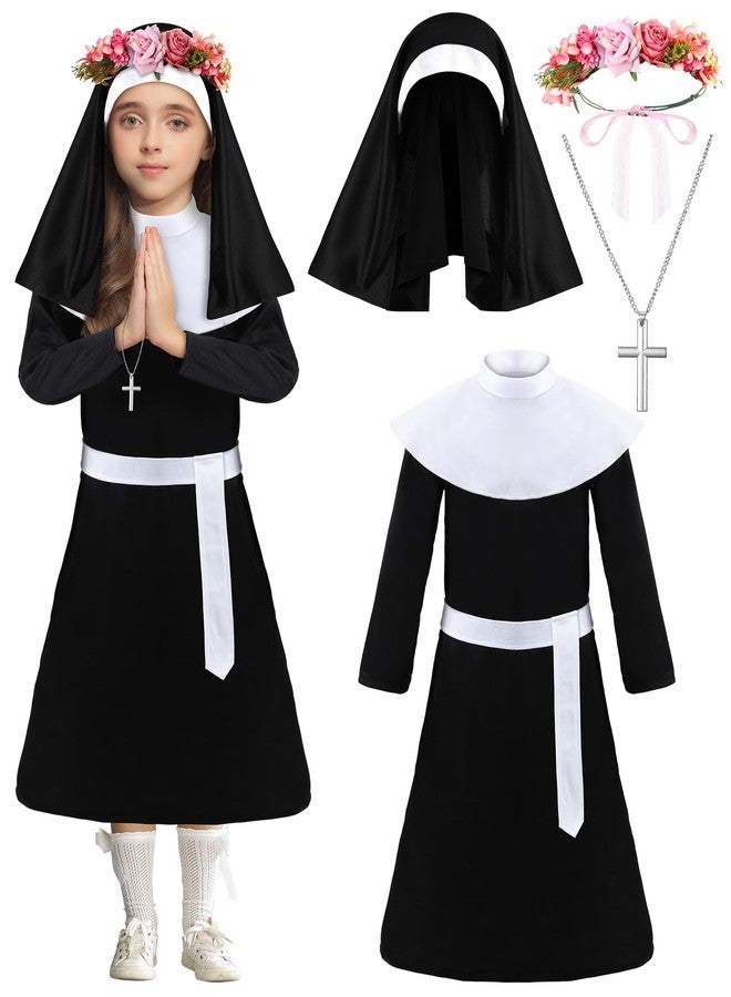 Maiteenly Halloween Nun Costume Set with Cross Necklace and Rose Wreath St Rose of Lima Halloween Nun Outfit for Girls(Medium) - Image 1