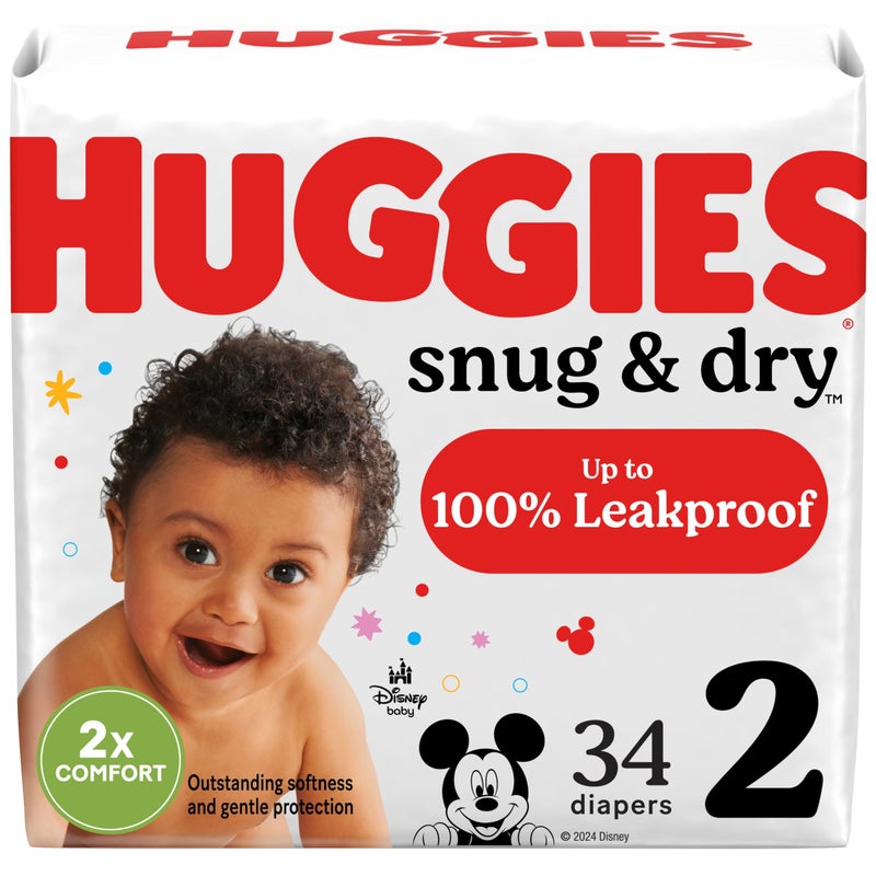HUGGIES حفاضات هجيز حجم 2، حفاضات بيبي مريحة وجافة، حجم 2 (12-18 رطل)، 34 قطعة، قد يختلف التعبئة والتغليف - Image 1