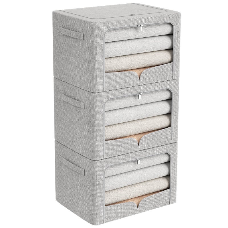 3 Pack Clothes Storage Bins  Foldable Metal Frame Storage Box  Stackable Linen Fabric Container Organizer Set with Carrying Handles and Clear Window Light Gray 197x157x13inch66L