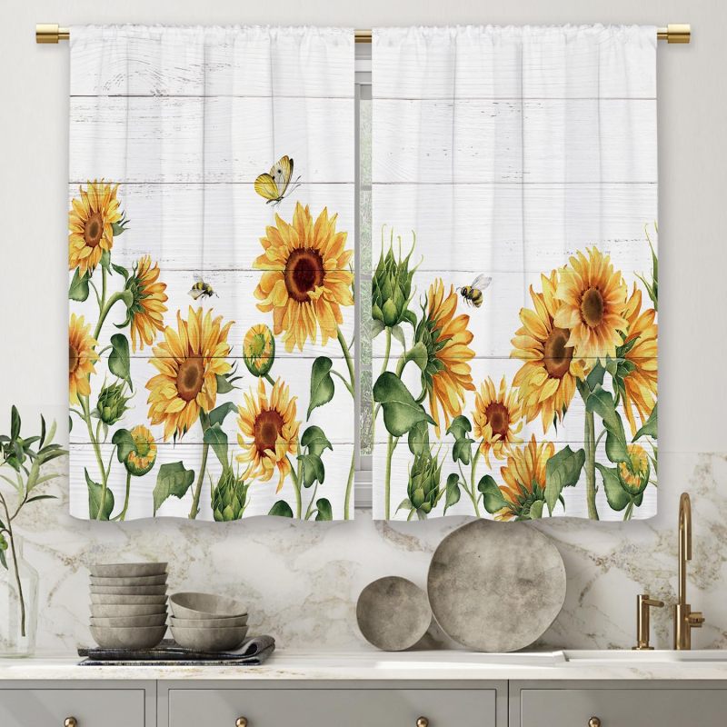 Farmhouse Kitchen Curtains 160*110cm Yellow Rod Pocket Blackout Curtains - Rustic Floral Sunflower Curtains for Indoor Kitchen Decor - Image 4