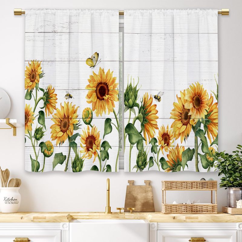 Farmhouse Kitchen Curtains 160*110cm Yellow Rod Pocket Blackout Curtains - Rustic Floral Sunflower Curtains for Indoor Kitchen Decor - Image 1