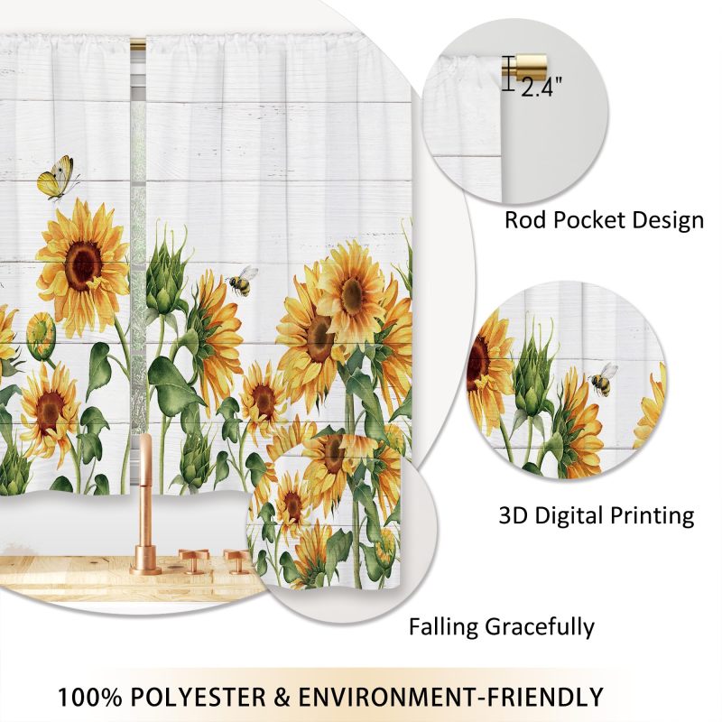 Farmhouse Kitchen Curtains 160*110cm Yellow Rod Pocket Blackout Curtains - Rustic Floral Sunflower Curtains for Indoor Kitchen Decor - Image 3