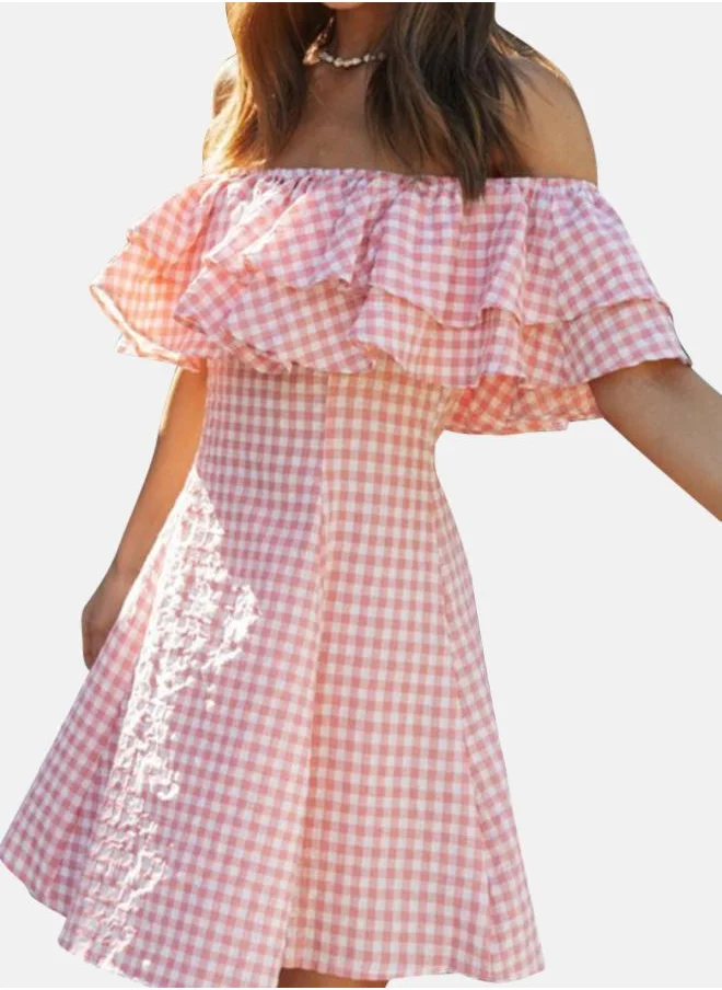 يونيكي Pink Checked Off-Shoulder Fit & Flare Dress