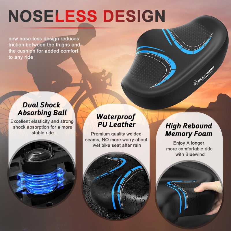 BLUEWIND New Noseless Oversized Bike Seat, Wide Bicycle Saddle Novel Backrest Design for Electric Bike, Universal Fit Exercise Bike or Road Stationary Bike Seat Cushion for Men & Women (Blue) - Image 2