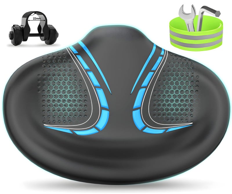 BLUEWIND New Noseless Oversized Bike Seat, Wide Bicycle Saddle Novel Backrest Design for Electric Bike, Universal Fit Exercise Bike or Road Stationary Bike Seat Cushion for Men & Women (Blue) - Image 1