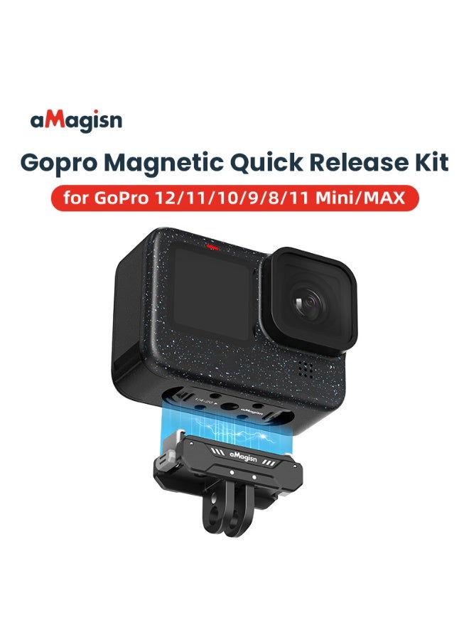 aMagisn قاعدة تركيب سريعة مغناطيسية لكاميرات GoPro Hero 12/11/10/9/8/11 Mini/MAX، تصميم معدني منخفض، خفيف الوزن، بواجهة لولب 1/4 وثنائية المشابك، تثبيت مضاد للاهتزاز، متوافقة مع الهيكل الواقي والإكسسوارات - Image 2