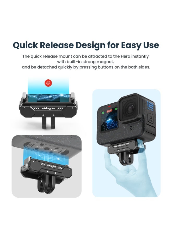 aMagisn قاعدة تركيب سريعة مغناطيسية لكاميرات GoPro Hero 12/11/10/9/8/11 Mini/MAX، تصميم معدني منخفض، خفيف الوزن، بواجهة لولب 1/4 وثنائية المشابك، تثبيت مضاد للاهتزاز، متوافقة مع الهيكل الواقي والإكسسوارات - Image 4