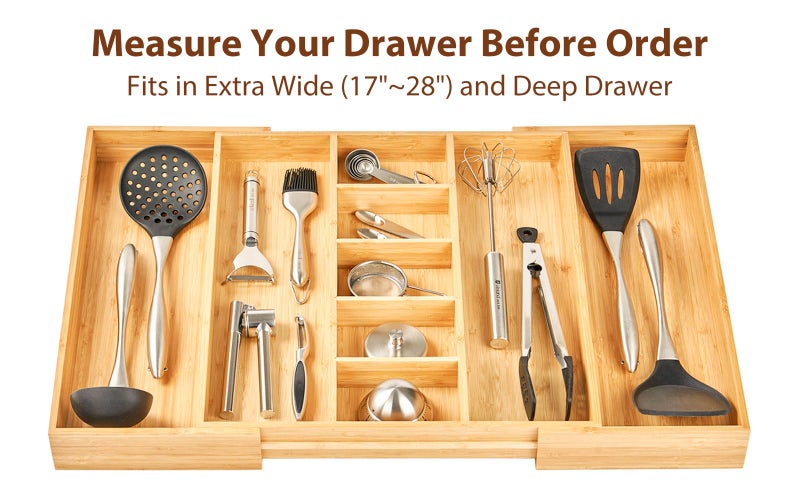 Umilife Extra Large Expandable Kitchen Drawer Organizer for Utensil and Junk, 19" Deep for Big Drawer, 17" to 28" Adjustable Bamboo Wood Drawer Divider, Cutlery Tray, Flatware Holder - Image 5
