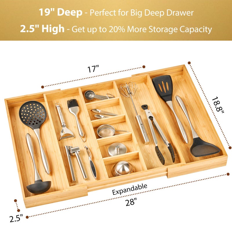 Umilife Extra Large Expandable Kitchen Drawer Organizer for Utensil and Junk, 19" Deep for Big Drawer, 17" to 28" Adjustable Bamboo Wood Drawer Divider, Cutlery Tray, Flatware Holder - Image 2