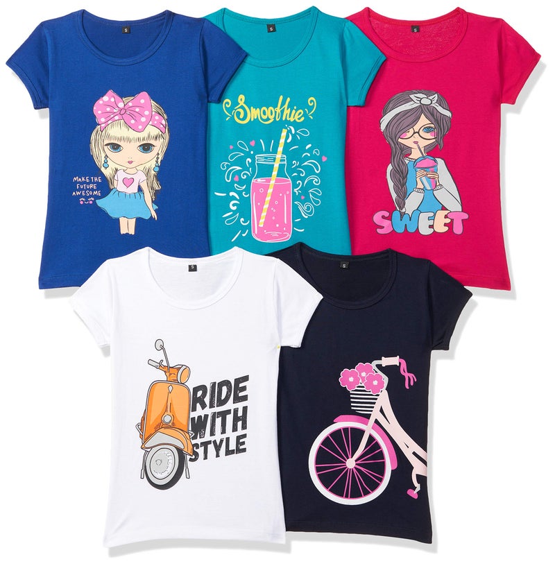 T2F Girl's Cotton Regular Fit T-Shirt(Pack of 5) - Image 1