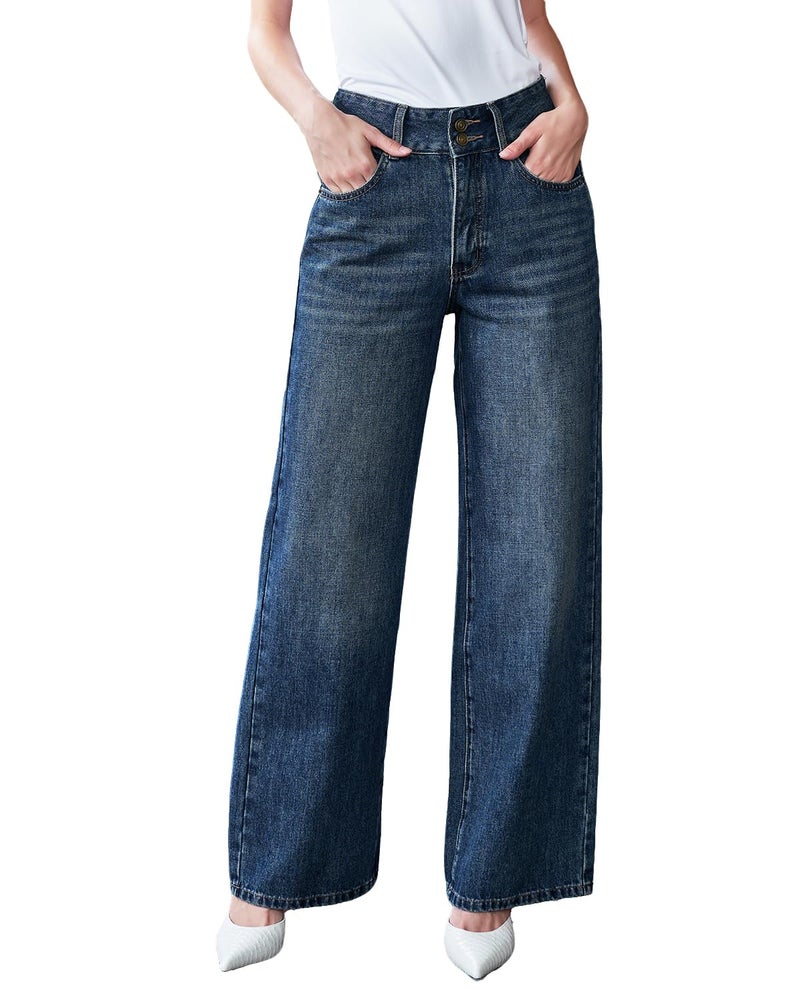 UPNET Womenâ€™s High Waisted Baggy Jeans â€“ Stretchy Wide Leg Tummy Control Straight Leg Denim Pants Trendy Jeans for Women 2025 (US, Numeric, 6, Regular, Short, Dark Blue) - Image 1