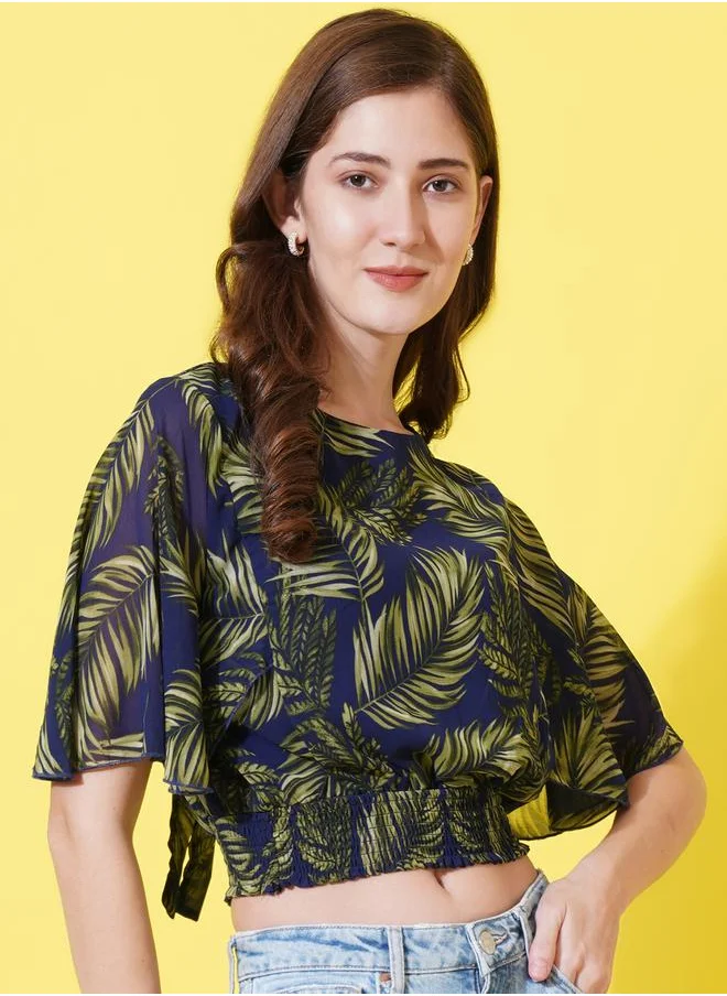 U&F Tropical Print Crop Top with Tie-Back by Styli