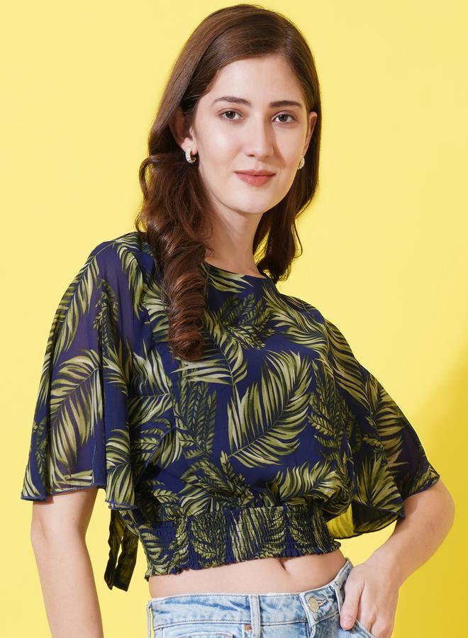 U&F Tropical Print Crop Top with Tie-Back - Image 2