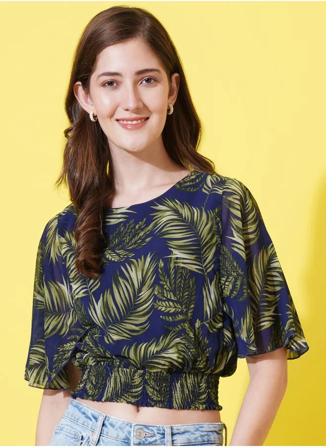 U&F Tropical Print Crop Top with Tie-Back by Styli