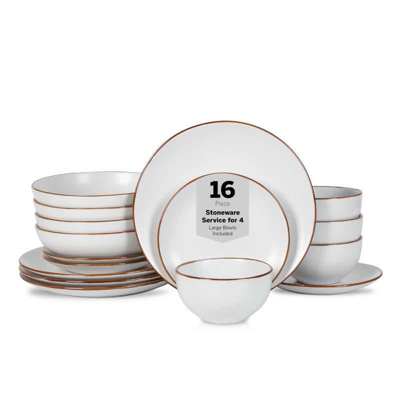 Stone Lain Brasa Modern Stoneware 16 Piece Dinnerware Sets Plates and bowls Sets Dish Set for 4 White