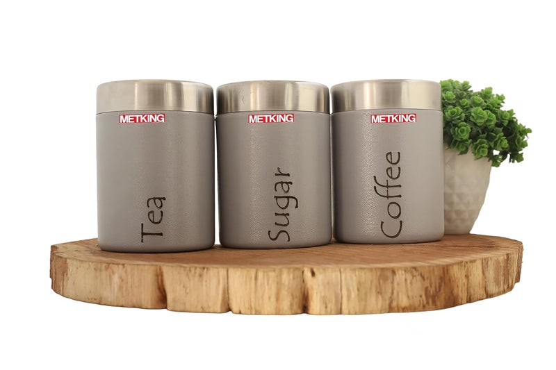 METKING Stainless Steel Kitchen Containers Set Airtight Tea Coffee Sugar Containers Set of 3 Grey 600ml Steel Containers for Kitchen Premium Kitchen Containers Set - Image 1