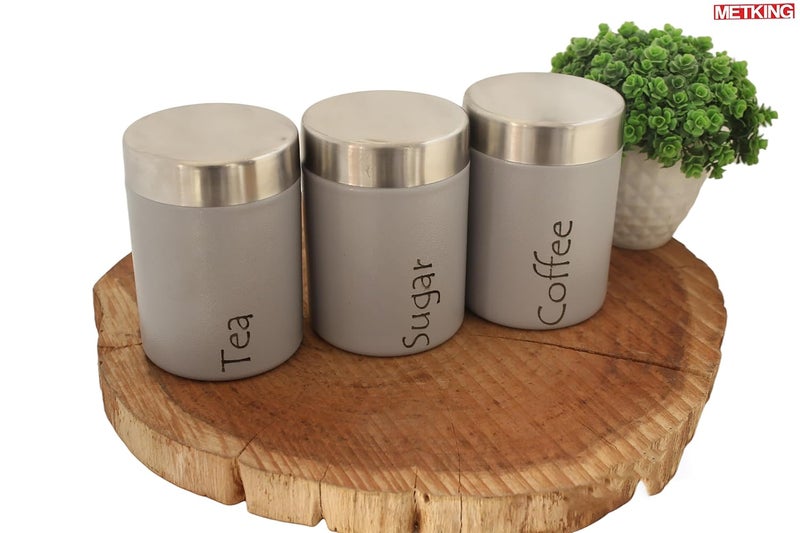 METKING Stainless Steel Kitchen Containers Set Airtight Tea Coffee Sugar Containers Set of 3 Grey 600ml Steel Containers for Kitchen Premium Kitchen Containers Set - Image 4