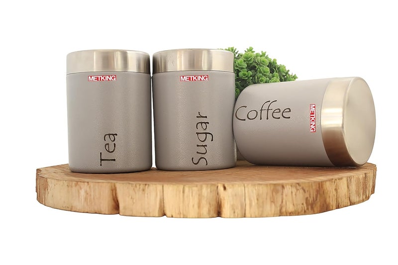 METKING Stainless Steel Kitchen Containers Set Airtight Tea Coffee Sugar Containers Set of 3 Grey 600ml Steel Containers for Kitchen Premium Kitchen Containers Set - Image 5
