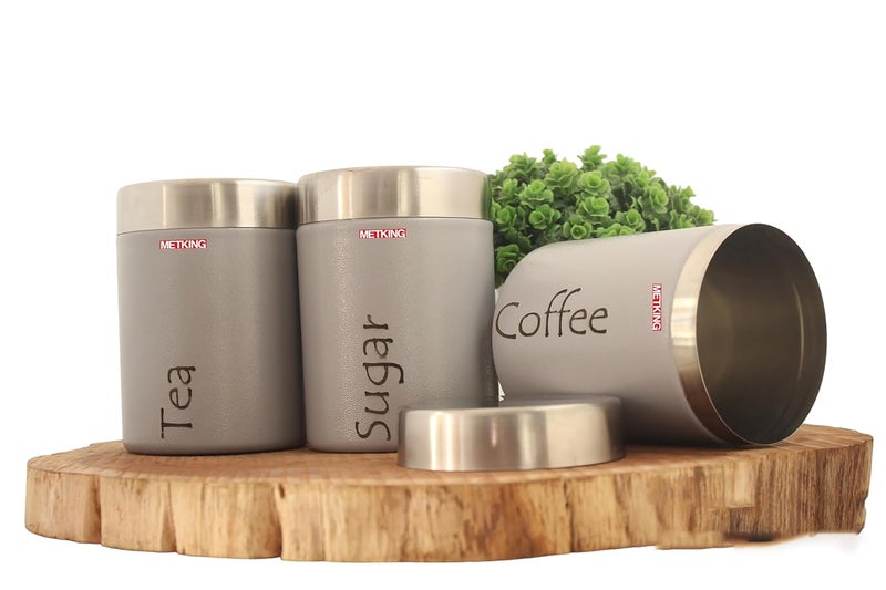 METKING Stainless Steel Kitchen Containers Set Airtight Tea Coffee Sugar Containers Set of 3 Grey 600ml Steel Containers for Kitchen Premium Kitchen Containers Set - Image 3