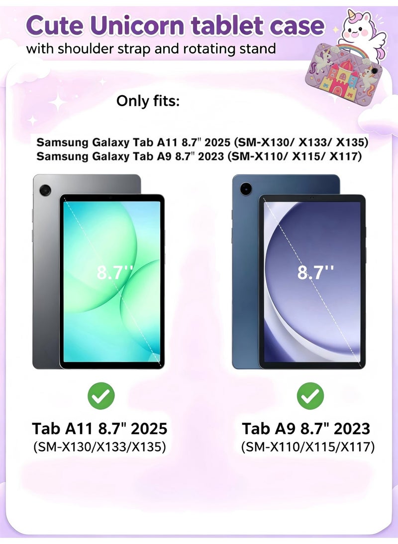 حافظة «Unicorn Castle» لجهاز Samsung Galaxy Tab A9 / A11 مقاس 8.7 بوصة، إصدارات 2023/2025، مزودة بمقبض وحامل وكتف، بتصميم كرتوني لطيف ومناسب للفتيات المراهقات، غطاء لوحي على شكل يونيكورن لجهاز Samsung Galaxy Tab A9 / A11 - Image 3
