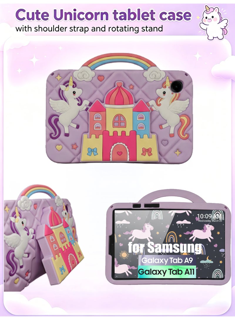 حافظة «Unicorn Castle» لجهاز Samsung Galaxy Tab A9 / A11 مقاس 8.7 بوصة، إصدارات 2023/2025، مزودة بمقبض وحامل وكتف، بتصميم كرتوني لطيف ومناسب للفتيات المراهقات، غطاء لوحي على شكل يونيكورن لجهاز Samsung Galaxy Tab A9 / A11 - Image 4