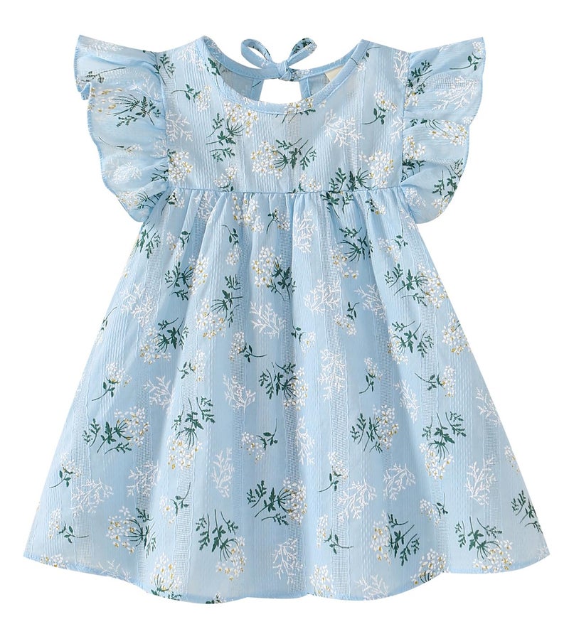 Goodplayer Toddler Baby Girl Dress Summer Cotton Linen Ruffle Halter Sleeveless Kids Casual Beach Party Dresses (Blue Floral Dress,12-24 Months) - Image 1