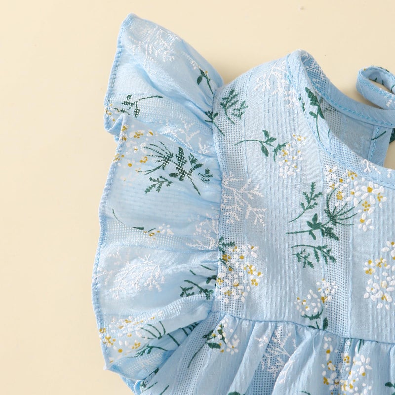 Goodplayer Toddler Baby Girl Dress Summer Cotton Linen Ruffle Halter Sleeveless Kids Casual Beach Party Dresses (Blue Floral Dress,12-24 Months) - Image 5