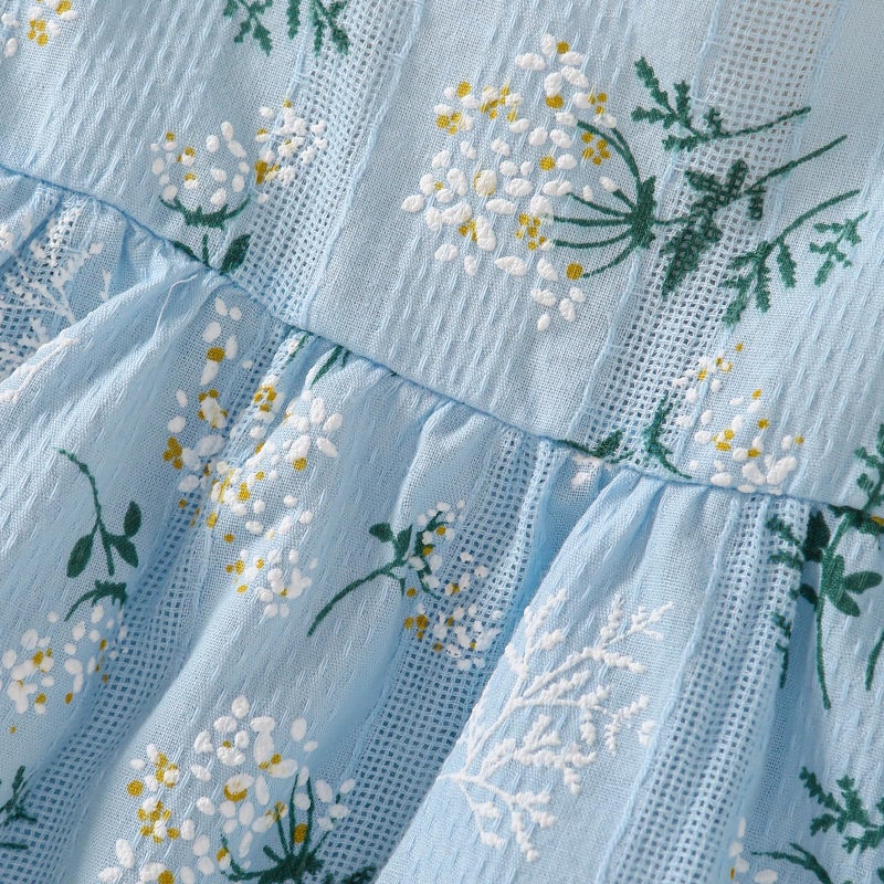 Goodplayer Toddler Baby Girl Dress Summer Cotton Linen Ruffle Halter Sleeveless Kids Casual Beach Party Dresses (Blue Floral Dress,12-24 Months) - Image 2
