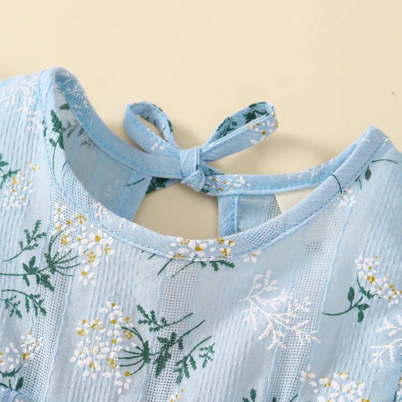 Goodplayer Toddler Baby Girl Dress Summer Cotton Linen Ruffle Halter Sleeveless Kids Casual Beach Party Dresses (Blue Floral Dress,12-24 Months) - Image 4