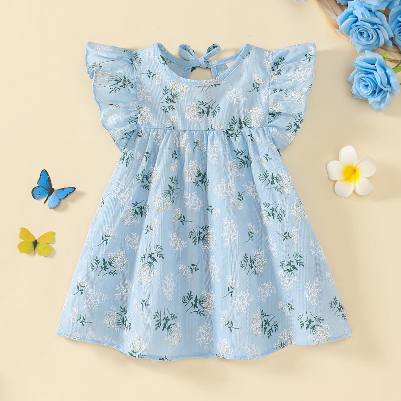 Goodplayer Toddler Baby Girl Dress Summer Cotton Linen Ruffle Halter Sleeveless Kids Casual Beach Party Dresses (Blue Floral Dress,12-24 Months) - Image 3
