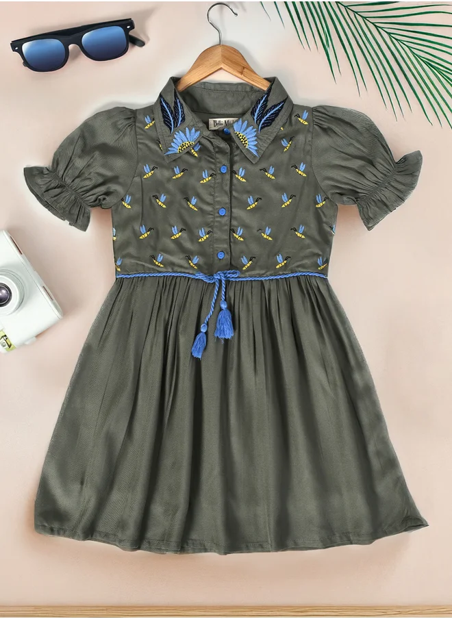 BELLA MODA Bella Moda Embroidered Puff Sleeve Knee-Length Dress