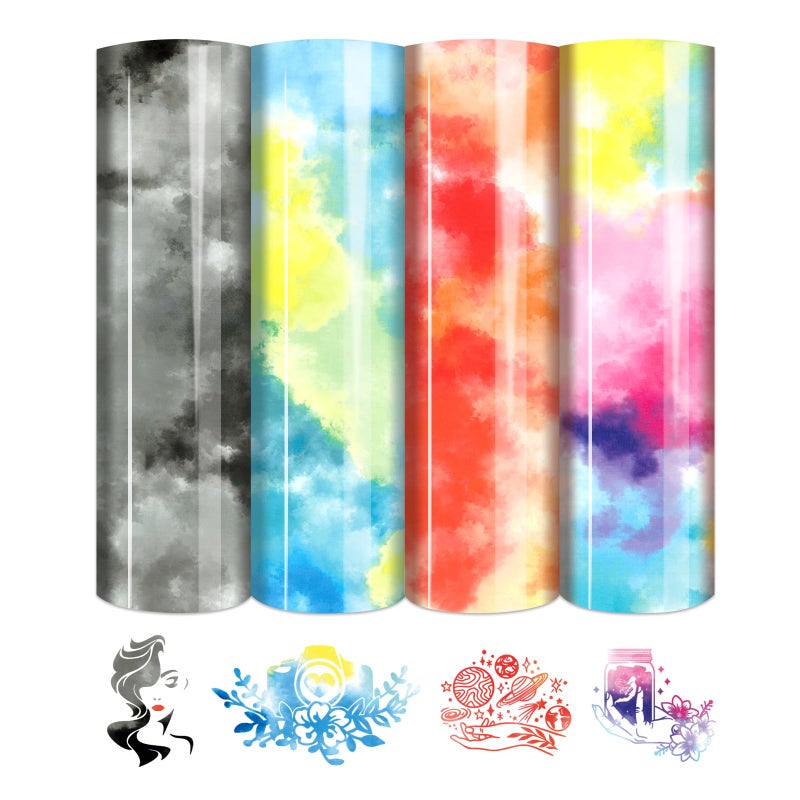 Tintnut Heat Transfer Vinyl Rainbow HTV Vinyl Tie Dye 10x12 Inch 4 Sheets for DIY TShirts Fabric GarmentBlue Yellow Watercolor Clouds Patterned Vinyl Compatible with Cricut Or Silhoutte Cameo