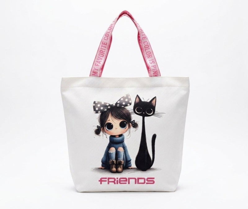 FRIENDS Medium Beach Bag – Cat Print – White – 45 × 40 cm - Image 1