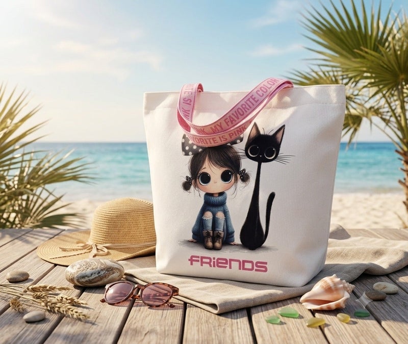 FRIENDS Medium Beach Bag – Cat Print – White – 45 × 40 cm - Image 2