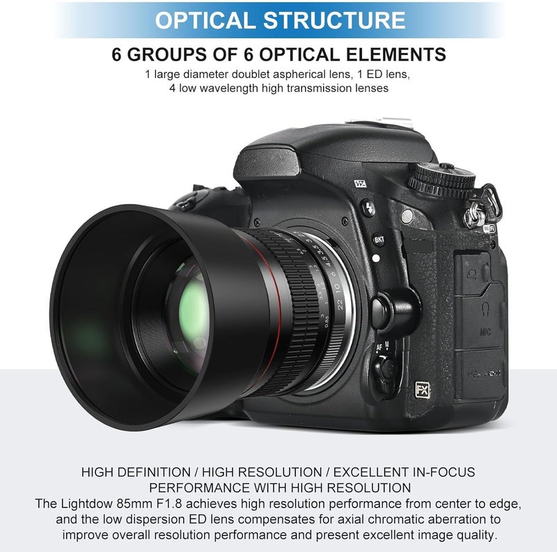 Lightdow F 85mm f1.8 Portrait Lens - MF for Nikon D850/D750/D500/D7500/D610/D5600/D7200/D7000/D3500/D3400/D3300/D3200/D3100/D5/D6/D810//D7100/D5300/D5100/D800 - Manual Focus DSLR Cameras Lenses(F-Mount) - Image 5