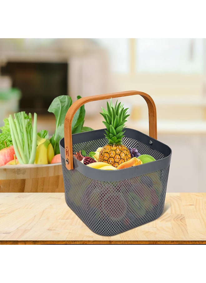 Home Pro - Homepro Plastic Mesh Basket With Bamboo Handle Multi-Functional Kitchen Baskets Storage Organizer Basket For Fruits & Vegetables Versatile And Stylish Mesh Fruit Basket For Organized Living(Grey - Image 1