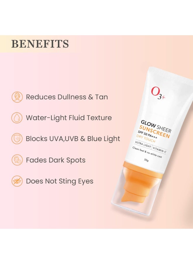 O3+ Glow Sheer Sunscreen SPF 50 PA+++ (50gm) | Lightweight Cream | No White Cast | Sunscreen For Oily Skin, Dry Skin | For Women & Men - Image 3