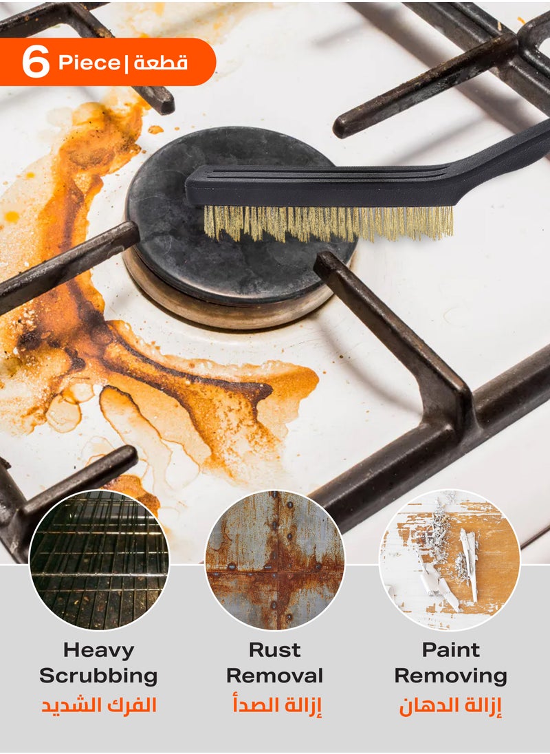 LAWAZIM Steel Wire Brush Set - 6 Piece - Cleaning Brush Kit with Nylon, Brass, and Stainless Steel Bristles, Ergonomic Handles, Large and Small Sizes - Ideal for Rust Removal, Grout, Metal, Automotive, and Home Use  - Image 4