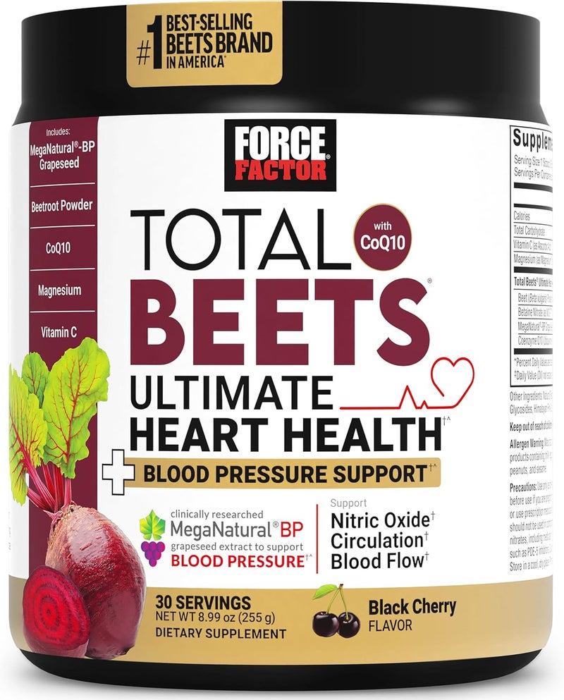 Force Factor Total Beets Ultimate Heart Health Blood Pressure Support with CoQ10 Beet Root Powder Grape Seed Extract Blood Pressure Supplement for Circulation Black Cherry 30 Servings - Image 1