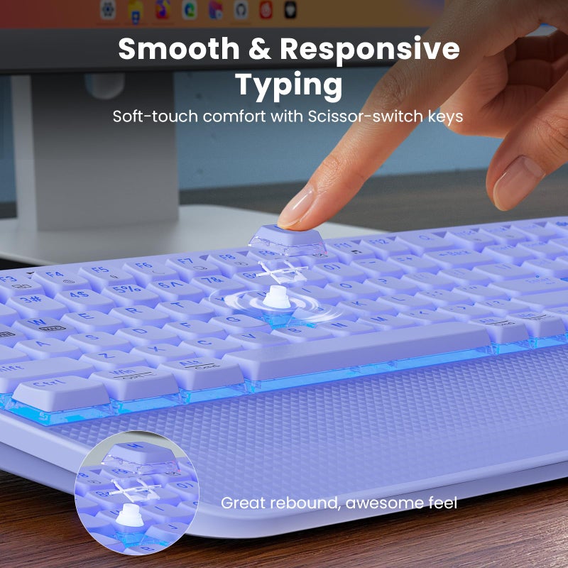 SABLUTE Purple Keyboard and Mouse Wireless Combo, 4000mAh Rechargeable Backlit Quiet Keyboards mice Set, USB Ergonomic Key Board with Wrist Rest & Phone Holder for PC, Mac, Windows, Natural Soft Typing - Image 4