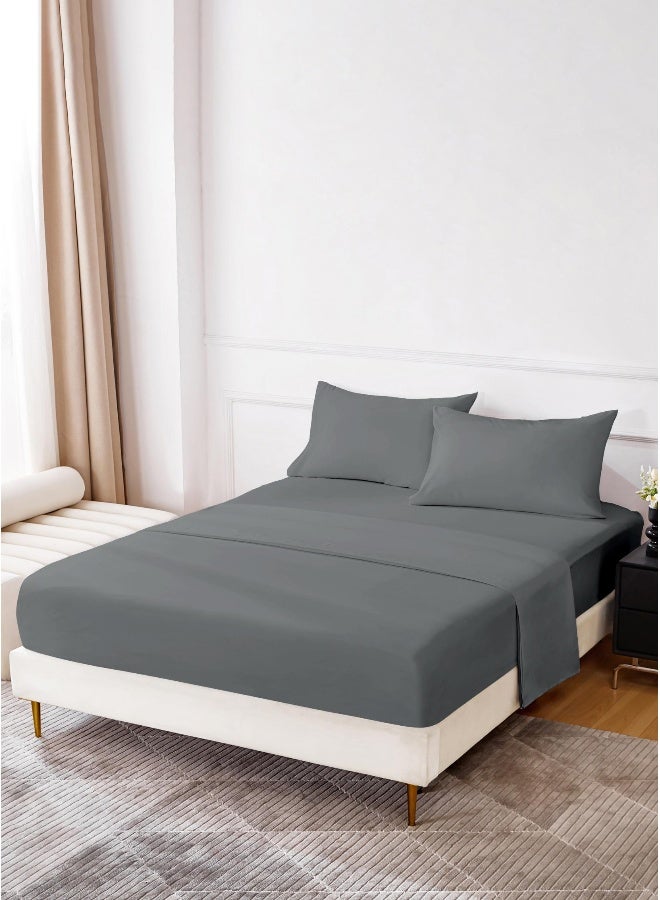 Noon East Super King Size 4Pc Fitted Sheet Set | Soft Microfiber Material | Dark Grey Color | 1 Fitted Sheet 200 X 200 Cm With 40 Cm Deep Pocket, 1 Flat Sheet 280 X 280 Cm, 2 Pillow Cases 50 X 100Cm | Suitable For Super King Size Mattress - Image 1
