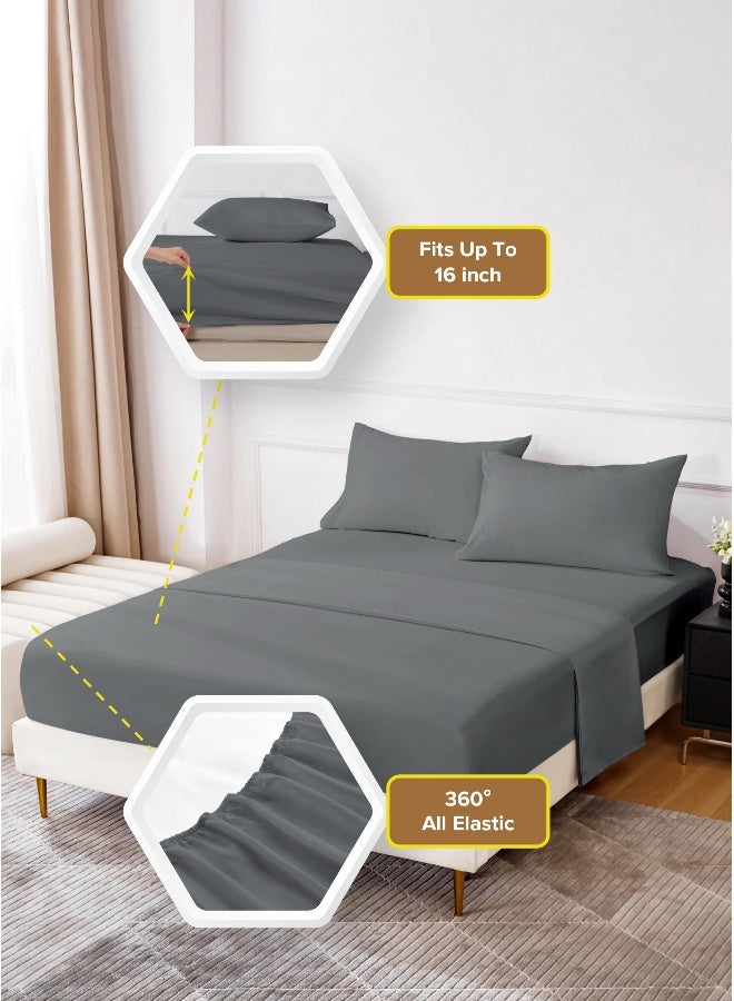 Noon East Super King Size 4Pc Fitted Sheet Set | Soft Microfiber Material | Dark Grey Color | 1 Fitted Sheet 200 X 200 Cm With 40 Cm Deep Pocket, 1 Flat Sheet 280 X 280 Cm, 2 Pillow Cases 50 X 100Cm | Suitable For Super King Size Mattress - Image 3