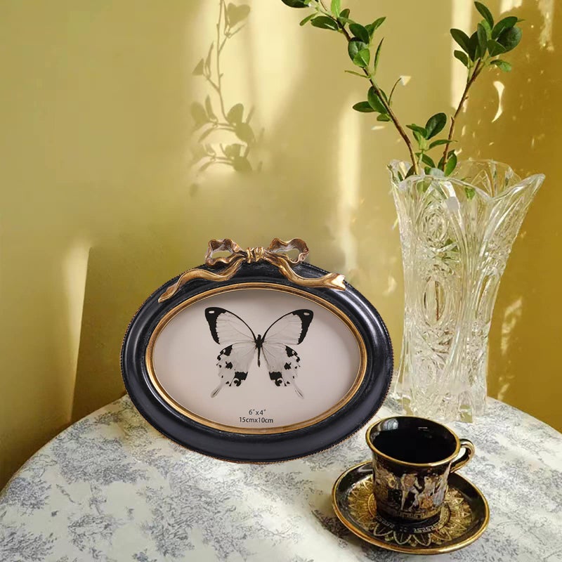 SIKOO Vintage Frames 4x6 Oval Frame Antique Picture Frame Tabletop and Wall Mount Bow Frame  Antique Wall Decor Black and Gold - Image 3